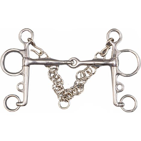 13,5", Argent: Bouchée Pelham en acier articulé, bouche fine de 12 mm avec barbes et crochets