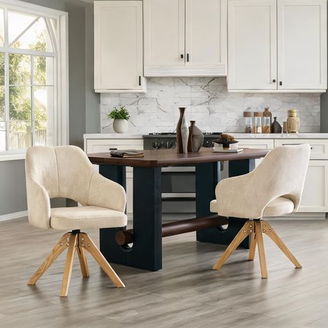 Ensemble de 2 chaises pivotantes tissu et bois massif blanc (1/5)