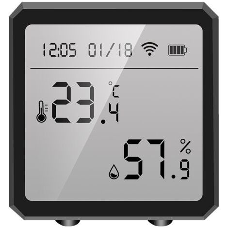 Tuya Moniteur de température et d'humidité avec capteur intelligent d'hygromètre d'intérieur avec écran LCD et alerte de notification(Noir)
