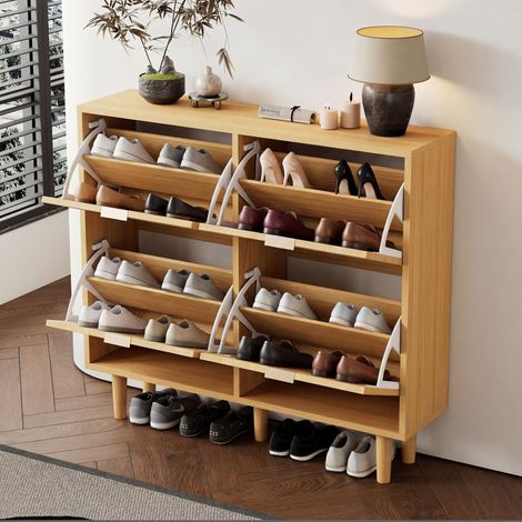 Armoire à chaussures 4 tiroirs inclinables, commode en bois rotin avec poignées en métal, étagère de rangement pour couloir, chambre ou appartement, style campagnard, dimensions : 100 x 25 x 90 cm