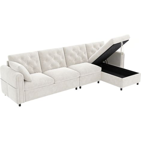 Canapé d'Angle Velours Beige Modulable en L avec Rangement et Poches Latérales 281x132x86 cm (1/5)