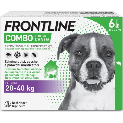 FRONTLINE Combo, 3+3 Pipette, Cane Taglia L (20-40 kg), Antiparassitario per Cani e Cuccioli di Lunga Durata, Protegge il Cane e Anche la Casa da Pulci, Zecche, Uova e Larve, Antipulci 6 Pipette (1/5)