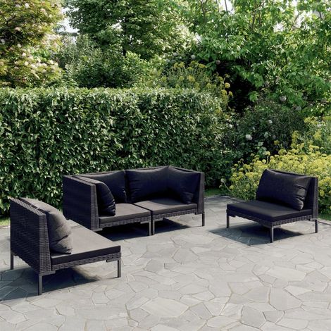 4-tlg. Garten-Lounge-Set mit Kissen Poly Rattan Dunkelgrau (1/5)