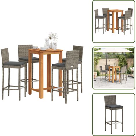 5-tlg. Gartenbar-Set Grau Massivholz Akazie und Poly Rattan - Gartenbar Set - Gartenmöbel - Essbereich Draußen - Outdoor Möbel - Balkonmöbel (1/5)