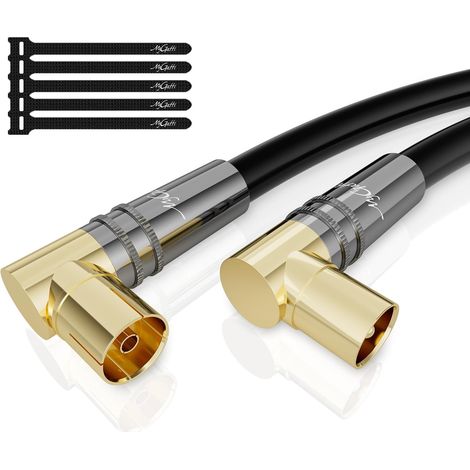 Câble d'Antenne 7.5 Mètres RG6 4K, 2x Coudé à 90°, Satellite/TV Coaxial HD-75 Ohm, Connecteurs IEC Métalliques Plaqués Or, Noir, Avec 5 Attaches (1/5)