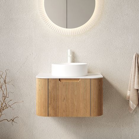 Waschbeckenunterschrank hängend 61 cm modern mit Keramikwaschbecken, weißer Carrara-Optik Platte und 1 Schublade
