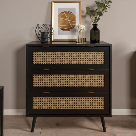 Cassettiera 80x80h cm con 3 cassetti colore nera con frontali vimini - Vienna03A