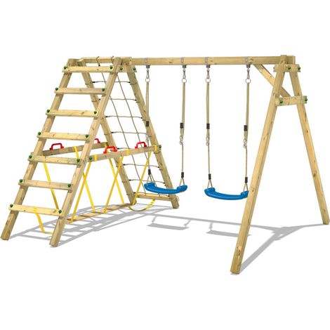 Wickey – Balançoire enfant avec module d'escalade et poutre d'équilibre en bois imprégné – Toboggan à vagues 220 cm – 10 ans de garantie