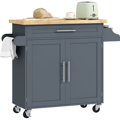 Carrello da cucina multifunzionale con cassetto, ruote, porta spezie e armadietto, vassoio regolabile, portasciugamani e vassoio in legno, di Caucciù, 109 x 40 x 89 cm, grigio