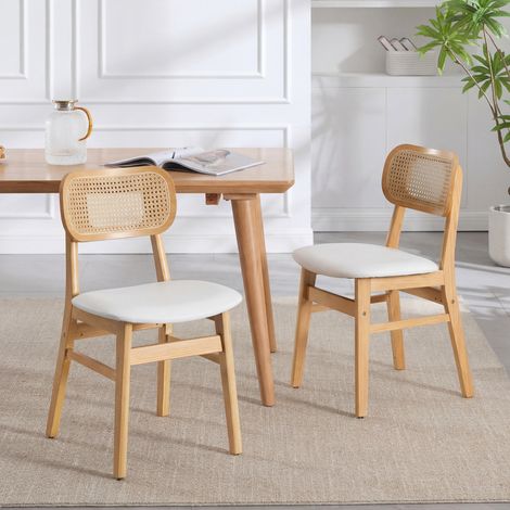 Wahson Lot de 2 chaises blanc en rotin et bois massif – Coussin en similicuir imperméable – Dossier en rotin tressé – Pour salle à manger et cuisine