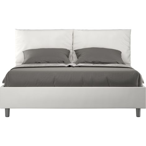 Lit moderne 160x200 cm avec tête de lit coussins simili cuir blanc Anja- (1/5)