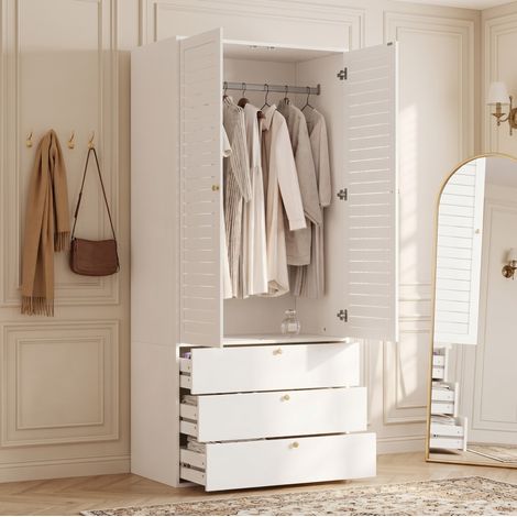MODFU – Armoire 90x50x200 cm – 2 portes persiennes et penderie – 3 tiroirs – Blanc (1/5)