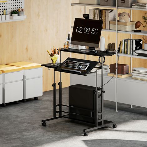 Escritorio Elevable con Ruedas Enchufes Puertos USB Altura Ajustable Panel Central Inclinado y Estante 80x60 cm Negro (1/5)