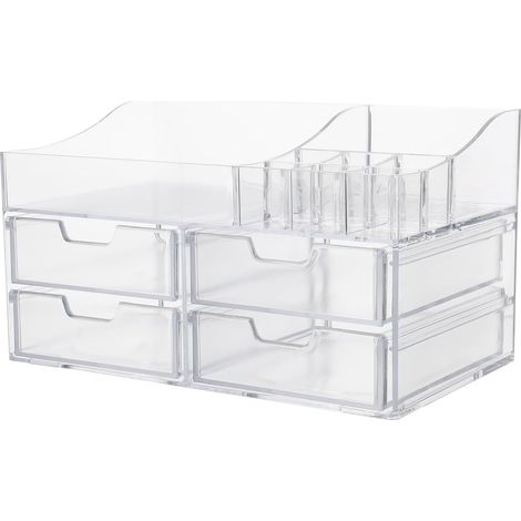 Organisateur de bureau pour maquillage avec 4 tiroirs blancs, boîte de rangement anti-poussière pour soins de la peau et rouges à lèvres (1/5)
