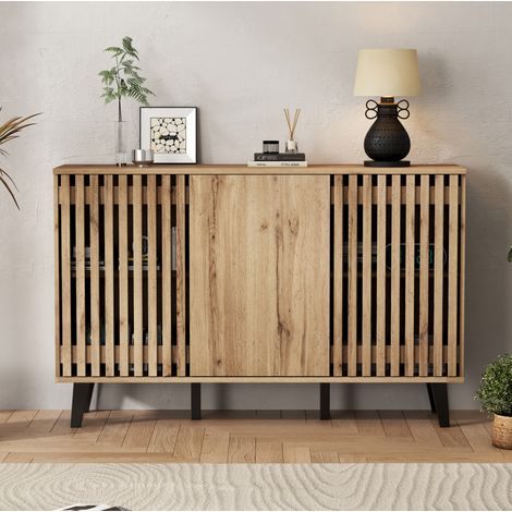 Mueble de almacenamiento 150 x 40 x 95 cm, 3 puertas, 6 compartimentos, madera natural HAVRYA (1/5)