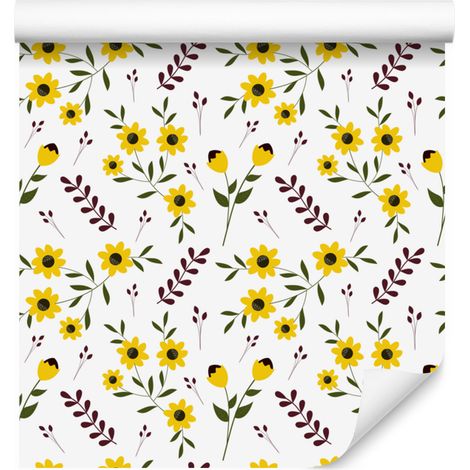 Tapete mit gelben Blumen, Weiß, Hellgrau und Creme, 50 x 1000 cm (1/5)