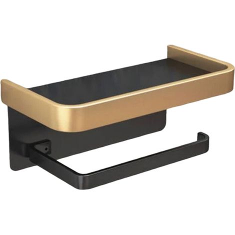 Porte-Papier Toilette - Salle De Bain Sans Perçage - Support Mural Double Couche Noir Et Or - Aluminium - 1 Pièce (1/5)