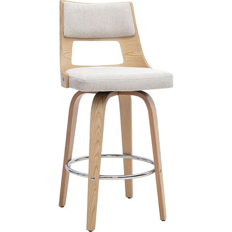Taburete de bar escandinavo giratorio de tejido efecto terciopelo texturizado beige y madera clara H69 cm GARBO (1/5)
