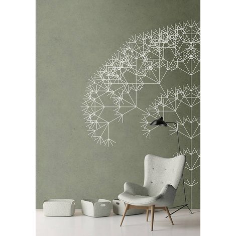 Papier peint panoramique moderne sur fond gris vert | Tapisserie panoramique parfaite pour salon | Papier peint panoramique à motif pissenlit blanc - 270 x 400 cm (4 pièces) (1/5)