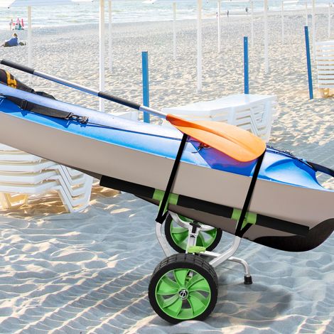 Carro de transporte para kayaks y canoas de paddle surf con anchura ajustable, ruedas grandes y estructura de aluminio en color negro y verde.