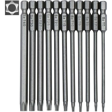 INHHUB 11-teiliges langes Torx-Schraubendreher-Bit-Set – magnetische Bits – 1/4-Zoll-Sechskantschaft – Größen T6 bis T40 – 100 mm Länge – INHHUB