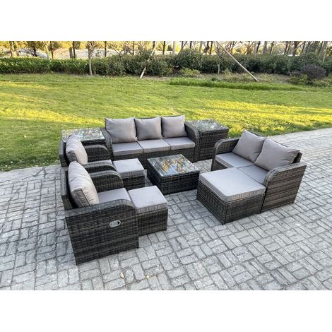 Fimous 10-Sitzer Gartenmöbelset Rattan Garten Sofa im Freien Sessel mit Gehärteter Glastisch 3 Hockern 2 Beistelltischen Dunkelgrau Gemischt (1/5)