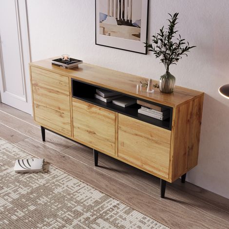 Aparador 160x35x76 cm de madera natural y negro, con almacenaje moderno para comedor FloraGrace (1/5)