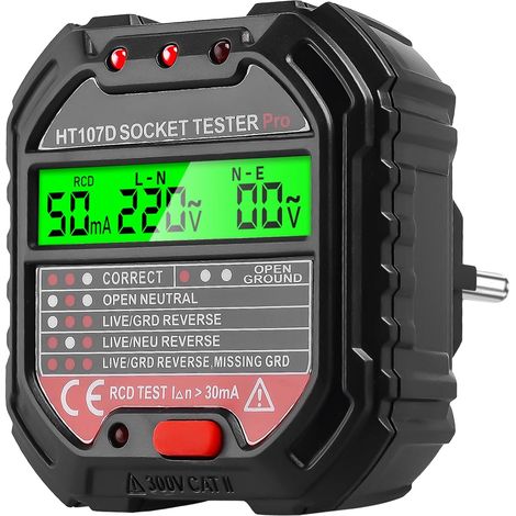 Testeur de Prise, Testeur de Circuit Electrique Courant Automatique avec Test de Disjoncteur Différentiel, Détecteur de Tension de Polarité avec 6 Types de Diagnostic de Pannes Test RCD (1/5)