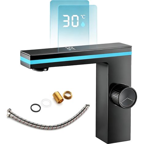 Robinet de Salle de Bain Intelligent, Mitigeur Lavabo avec Affichage Numérique de la Température LED Mitigeur Monocommande Robinet de lavabo Cascade pour Cuisine avec 2 Tuyaux (1/5)