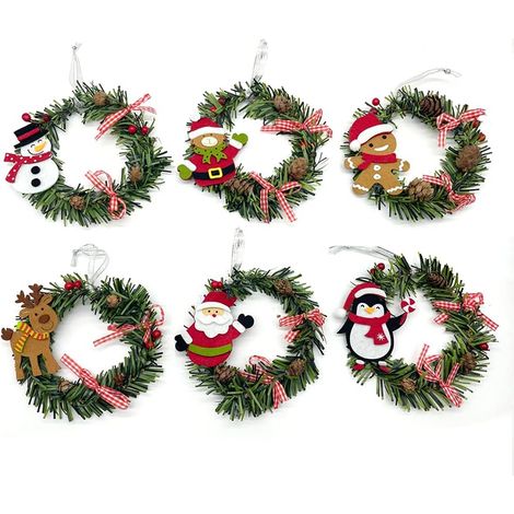 Guirlande De Noël Pré-éclairée - Couronne Décorative Porte Extérieure Intérieure - Avec Père Noël Flocké Baies Rouges Pommes De Pin - Diamètre 15 Cm - 1 Pièce (1/5)