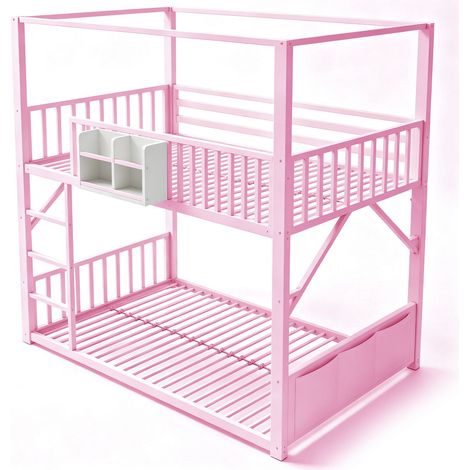Lit Superposé Enfant 90 x 200 cm structure métallique gain de place construction toit finition rose