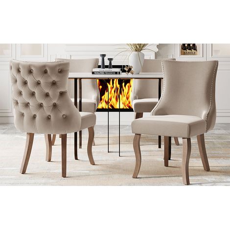 Lot de 4 chaises de salle à manger,dossier avec coutures boutons,rembourrée,bordure cloutée,housse velours,pieds courbés bois massif,beige.