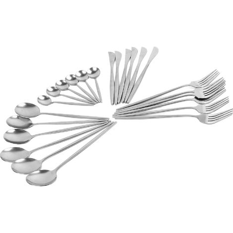 24-teiliges Edelstahl-Besteckset im Vintage-Stil, silberfarben, mit Löffeln, Gabeln und Messern. (1/5)