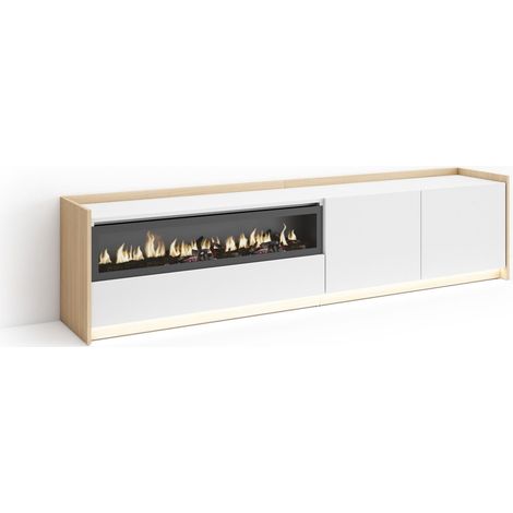 Skraut Home - Mueble TV, Televisión, Muebles de salón, almacenaje, 207x37x50cm, Para TV hasta 80", Chimenea eléctrica, LED, Estilo Moderno, Blanco y roble soft (1/5)