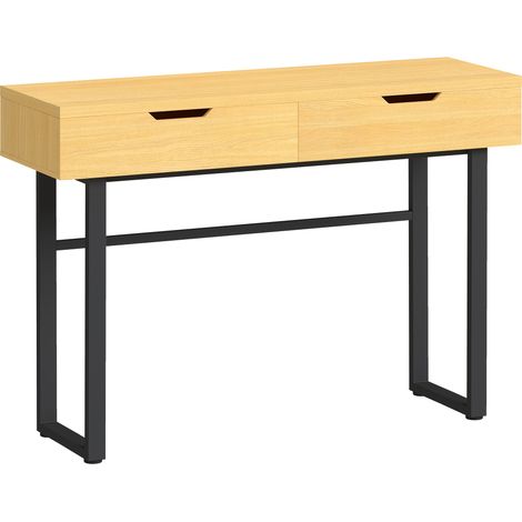 Console d'entrée 110 cm, table console fine avec 2 tiroirs, structure métallique sans poignées, finition bois naturel (1/5)