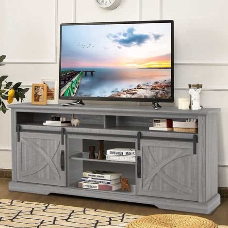 Parrot Uncle TV Stand for 65 Inch TV, Modern Farmhouse TV Unit with Storage Cabinet, Sliding Barn Doors, Adjustable Shelves, Grey Wood Grain Finish Entertainment Centre (1/5)