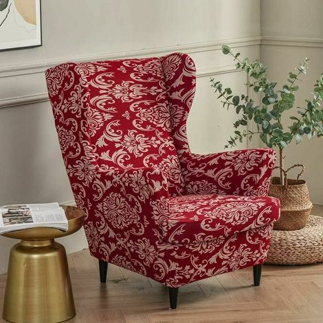 2-Piece Stretch Wingchair Cover Armchair Cover with T-Cushion Cover,Printed Non-Slip Armchair Slipcover,for Living Room,Hotel,Bedroom (Baroque Style) (1/5)