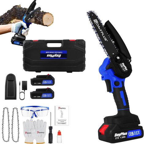 Tronçonneuse sans fil 21 V, 6 pouces, bleue, mini tronçonneuse avec 2 batteries, 2 chaînes, scie à main électrique, avec serrure de sécurité, pour le jardinage, l'élagage des arbres, la coupe du bois (1/5)