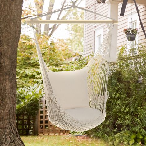 Fauteuil suspendu extérieur et intérieur chaise hamac balançoire avec coussins. tissage en coton. charge 120 Kg. blanc
