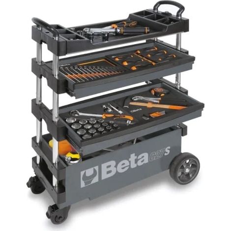 Beta – Chariot porte-outils pliable pour extérieur – 2 tiroirs sur glissières à billes – Plan de travail thermoplastique avec 6 bacs – Charge maximale 150kg