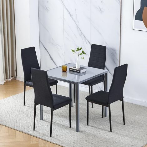 Dining Room Set, Grey Glass Dining Table with Chairs, 75x75 cm Square Glass Table and Chairs for Small Room (Table with 4 Chairs, Black Linen)
