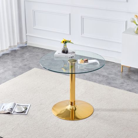 Tavolo da pranzo rotondo in vetro temperato 85 cm, base centrale in metallo dorato DESVIAE (1/5)