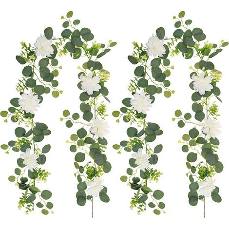【Künstliche Blumengirlande - 004】Set mit 2 künstlichen Blumengirlanden für den Außenbereich, Eukalyptusblätter, Rattan, Dekoration für Hochzeitsbögen. (1/2)