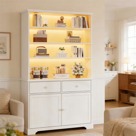 Vitrine moderne 100x38x170cm - Avec éclairage LED - 2 portes et 2 tiroirs - Étagères ouvertes - Panneaux de particules - Blanc