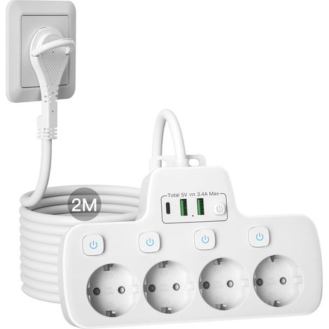 Multiprise 4 Prises avec Fiche Plate, Multiprise Plate Derriere Meuble Bloc Prise Murale avec Interrupteur Individuel,Prise Multiple USB C Extra Plate,Sécurité Enfant,Rallonge électrique 2 M,Blanc (1/5)