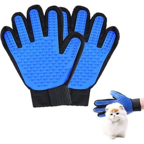 1 paire – Gants de toilettage pour chiens et chats – Gants brosse pour enlever les poils et masser le pelage – Pour chien, chat, cheval et lapin – Bleu (1/5)