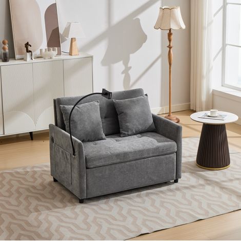 Sofá cama individual plegable con USB y soporte para tablet en tela gris HAVRYA (1/5)