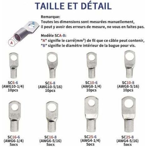NALOOKAMIC  Boulon de trou de cosse électrique, connecteur SC en cuivre étamé, sertissage/soudure adapté aux câbles de 6m㎡ 8m㎡ 10m㎡ 16m㎡ 25m㎡ 60 pièces