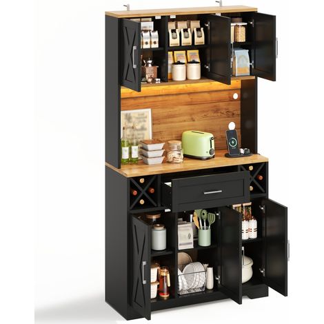 Buffet de cuisine haut avec LED RGB, prise 2 AC + 2 USB, tiroir, rangements fermés, casier à vin amovible, niche ouverte en MDF 105x40x180 cm CHICFURN (1/5)
