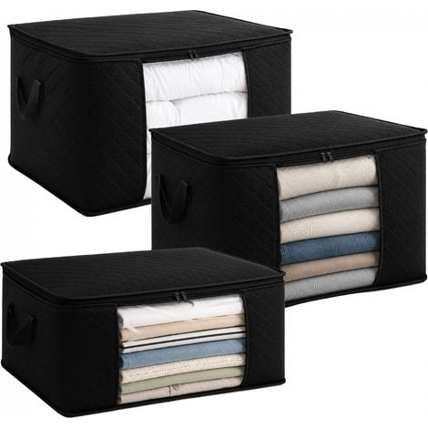 Lot de 3 sacs de rangement pliable pour vêtements, linge de maison avec poignées - Tissu - 35 L, 60 L et 90 L - Noir - Vivezen (1/5)